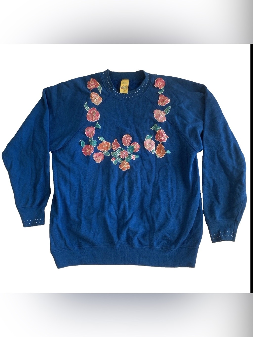Vintage 90s Sweats Appeal Tultex Floral Applique Sweatshirt Blue Large Cottage